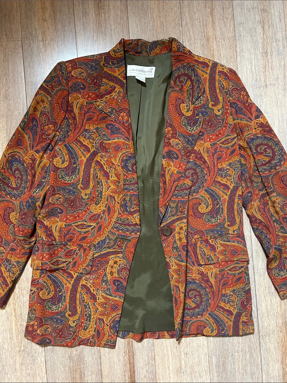 VTG Liz Claiborne Paisley Blazer in Rust, Gold & Navy silky rayon size 4